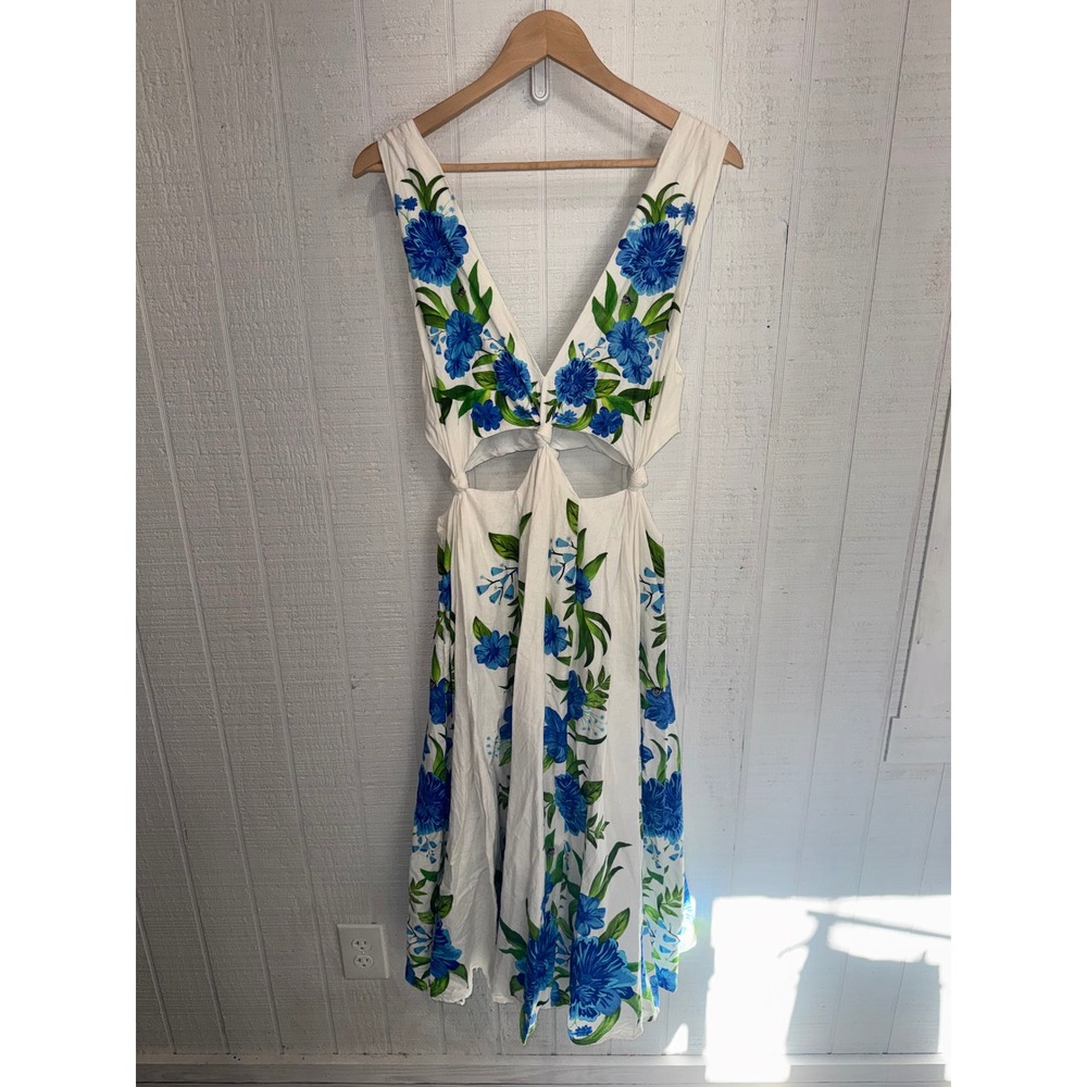 Farm Rio Midi Dress Women White Blue Floral Cutout Knot Detail Size M